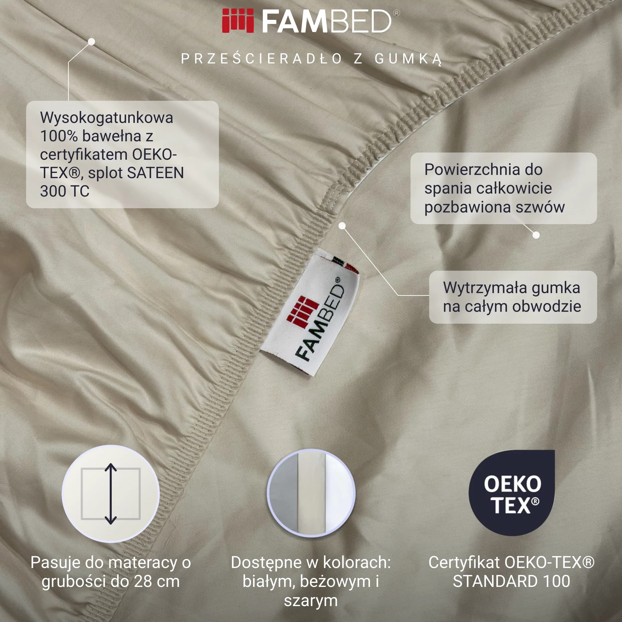 Infografika: beżowe prześcieradło z gumką FAMBED oraz informacje o bawełnie z certyfikatem OEKO-TEX®, splocie SATEEN o gęstości 300 TC, powierzchni do spania bez szwów i mocnej gumce na całym obwodzie