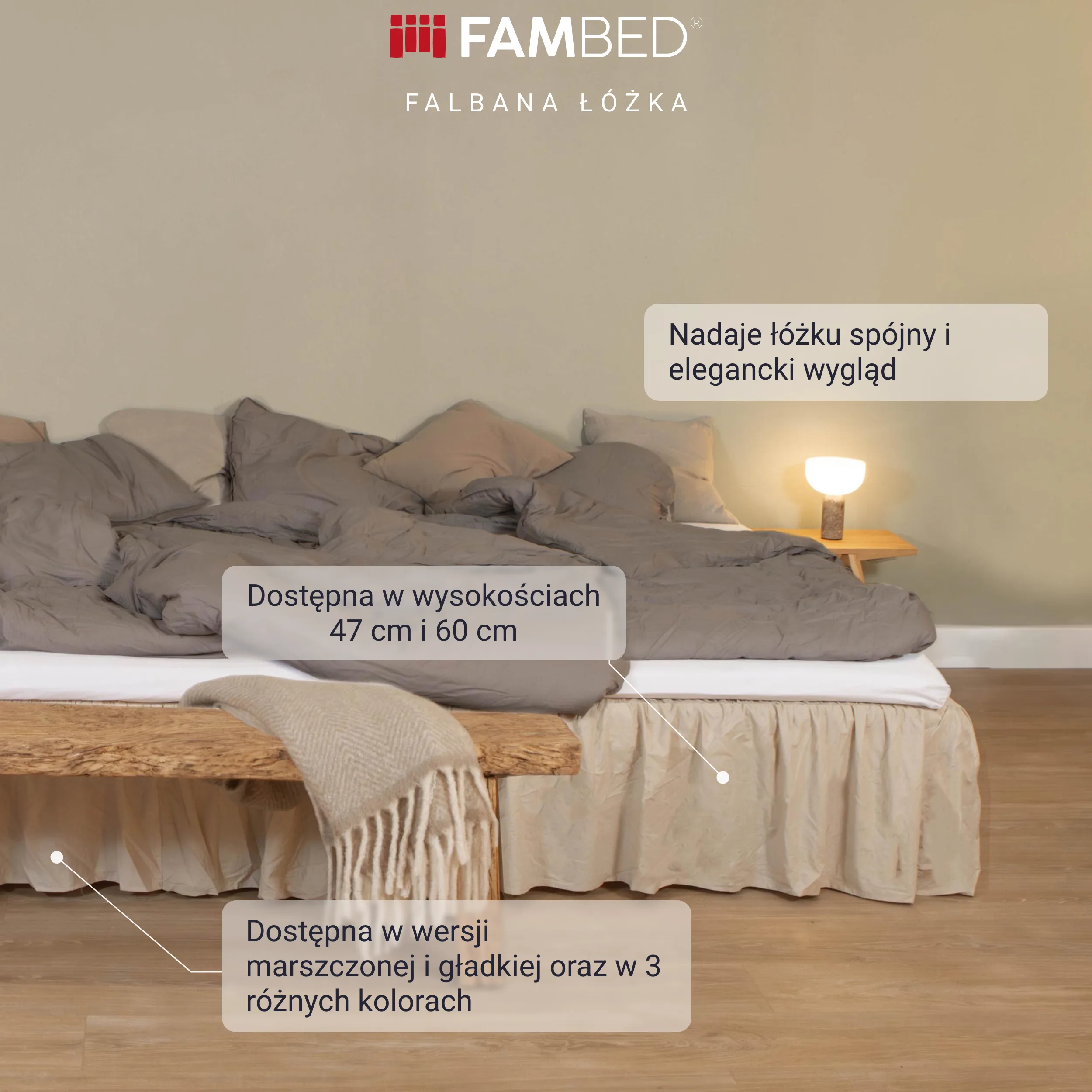 Szerokie łóżko rodzinne z beżową falbaną łóżka zakrywającą podstawę i przestrzeń pod łóżkiem