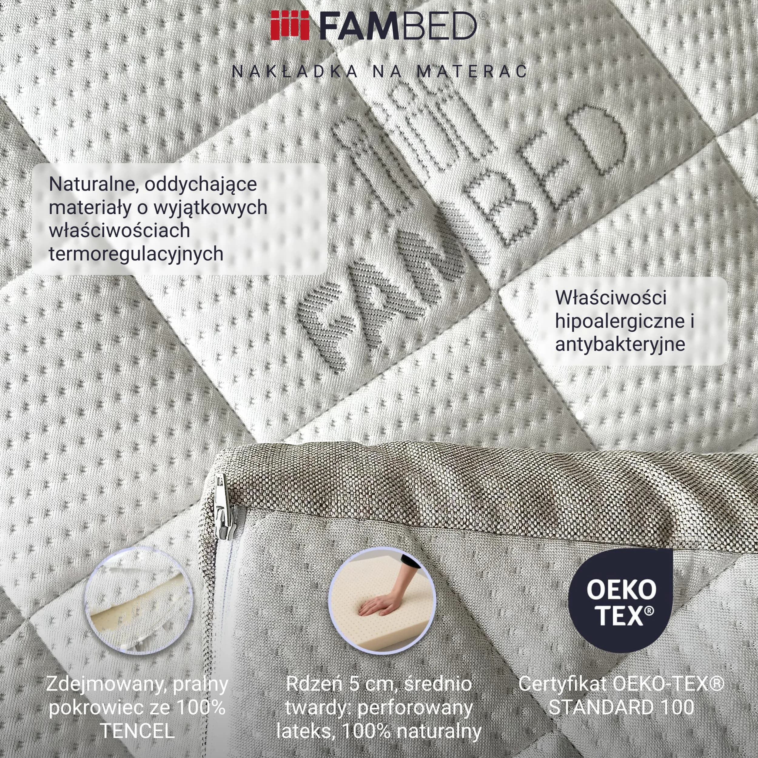 Infografika: pikowany, zdejmowany i nadający się do prania pokrowiec TENCEL™ z certyfikatem OEKO-TEX®