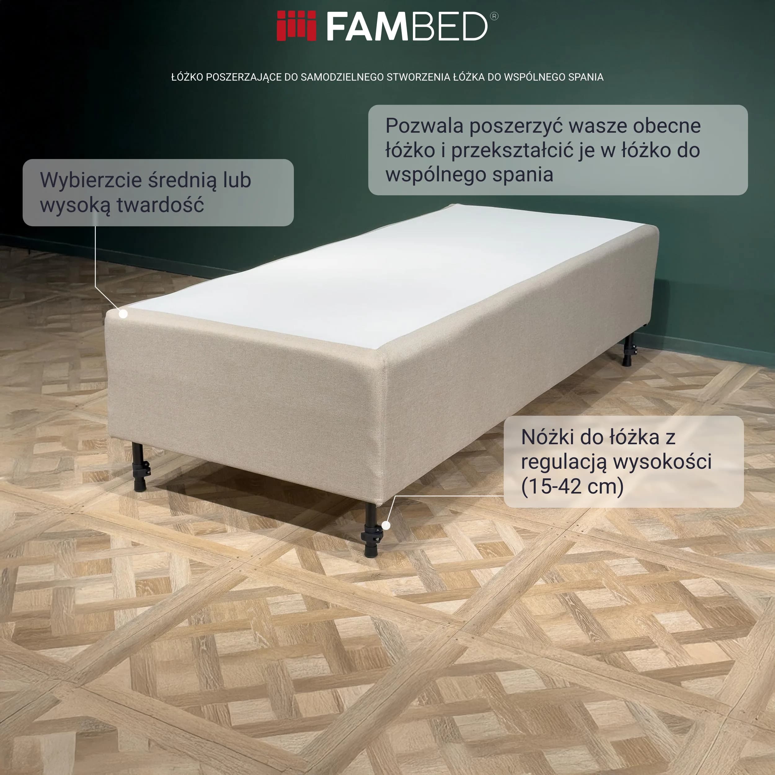 Infografika: łóżko poszerzające FAMBED na czarnych nogach oraz informacje o dwustronnym, 7-strefowym materacu sprężynowym i nogach łóżka z regulacją wysokości