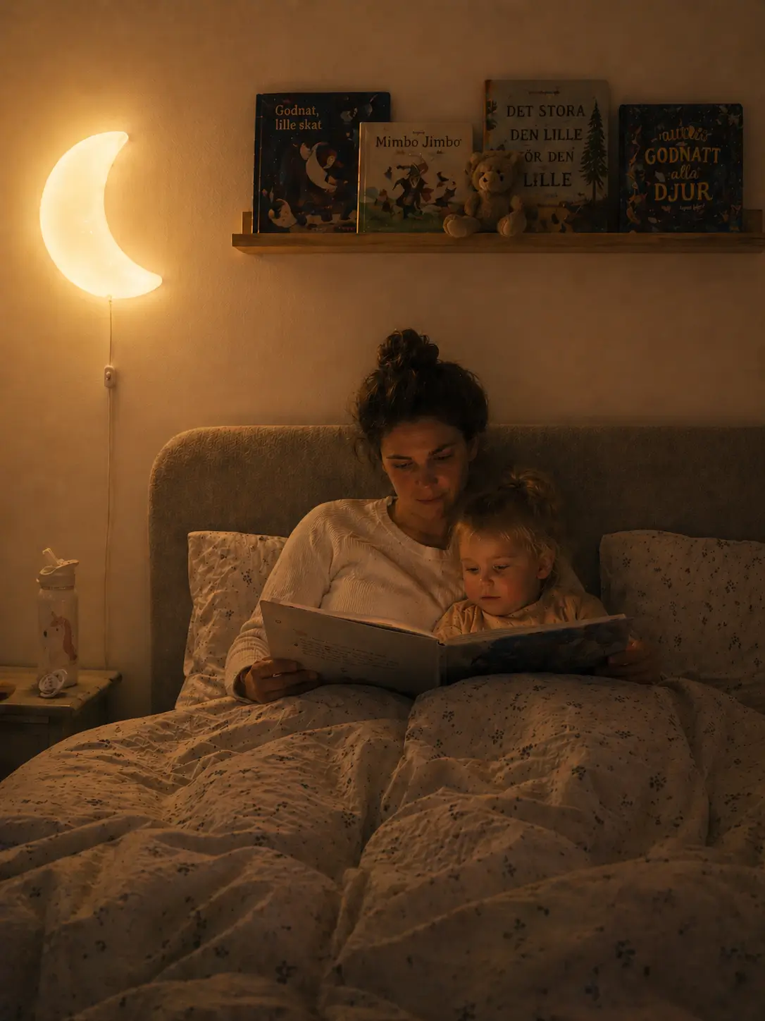 Mama i dziecko czytają bajkę na dobranoc w łóżku przy świetle lampy w kształcie księżyca