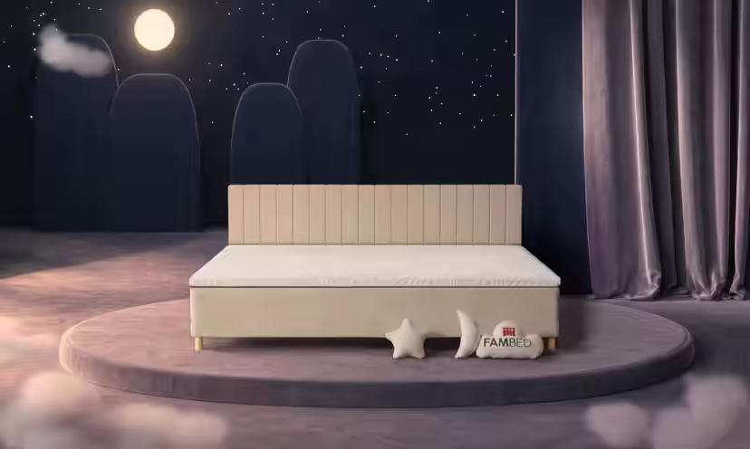 Szerokie łóżko rodzinne FAMBED w kolorze beżowy, 270 × 200 cm, z zagłówkiem